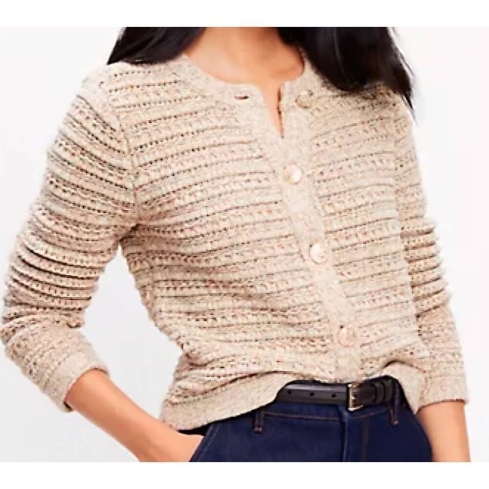 LOFT Sweater Jacket Women's Large Tan Cotton Blend Knit Gold Button Preppy Knit